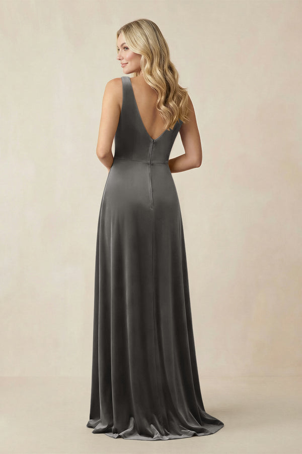 V - Neck A - Line Velvet Bridesmaid Dress in Frost - KissProm Bridesmaid Dresses