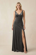 V - Neck A - Line Velvet Bridesmaid Dress in Frost - KissProm Bridesmaid Dresses