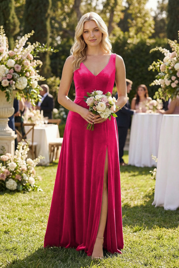 V - Neck A - Line Velvet Bridesmaid Dress in Fuchsia - KissProm Bridesmaid Dresses