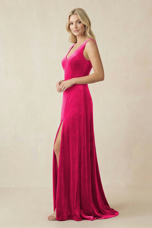 V - Neck A - Line Velvet Bridesmaid Dress in Fuchsia - KissProm Bridesmaid Dresses