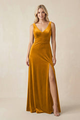 V - Neck A - Line Velvet Bridesmaid Dress in Gold - KissProm Bridesmaid Dresses