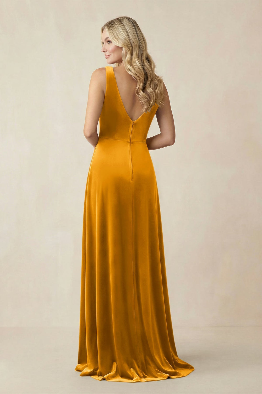 V - Neck A - Line Velvet Bridesmaid Dress in Gold - KissProm Bridesmaid Dresses