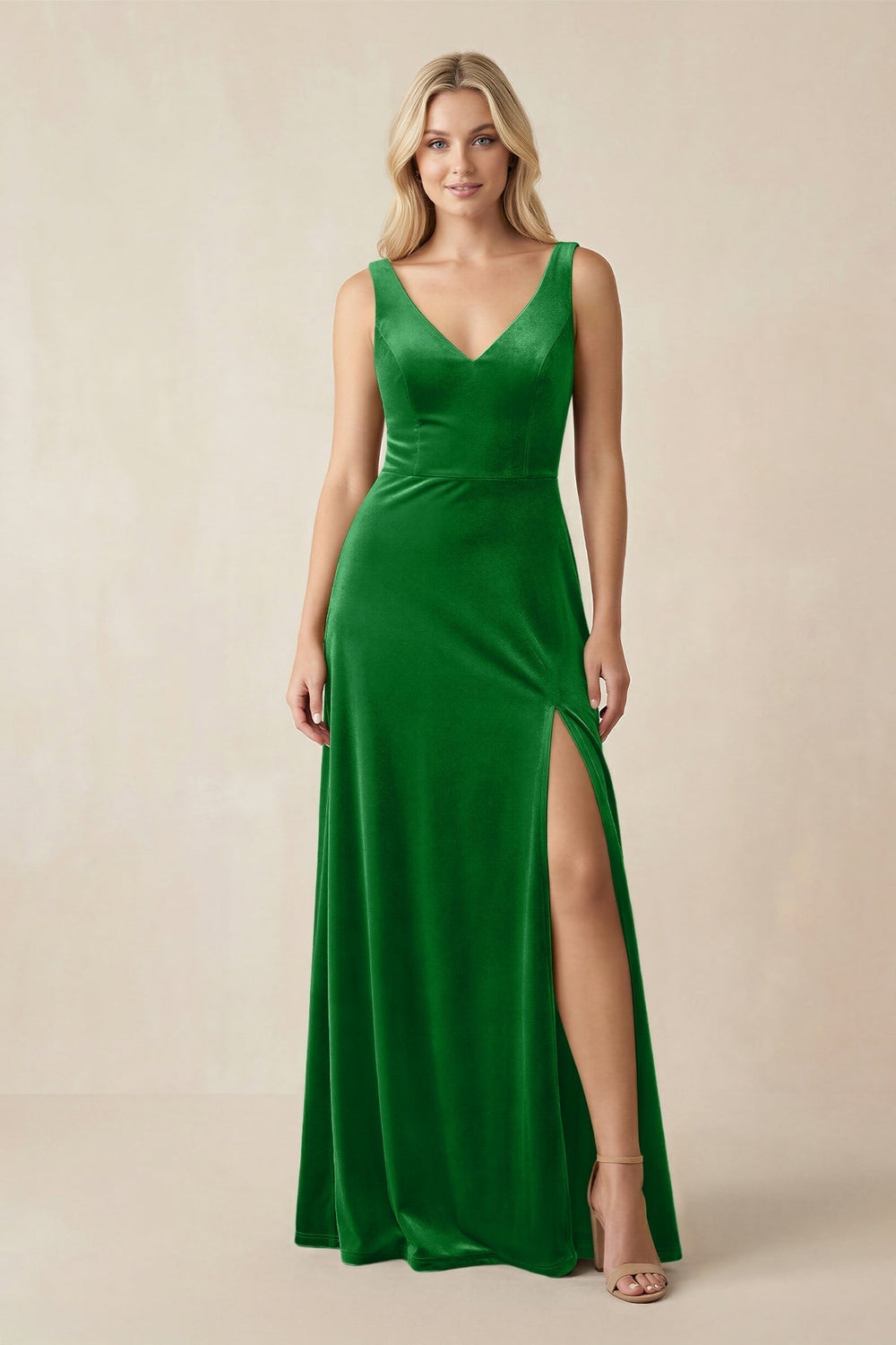 V - Neck A - Line Velvet Bridesmaid Dress in Green - KissProm Bridesmaid Dresses
