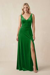 V - Neck A - Line Velvet Bridesmaid Dress in Green - KissProm Bridesmaid Dresses