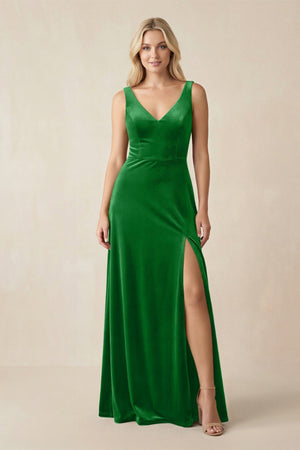 V - Neck A - Line Velvet Bridesmaid Dress in Green - KissProm Bridesmaid Dresses