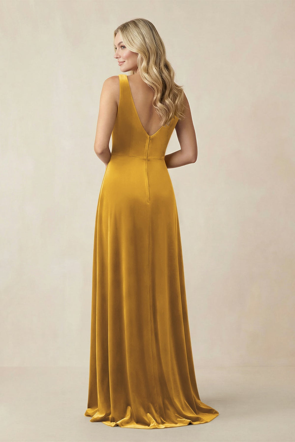 V - Neck A - Line Velvet Bridesmaid Dress in Marigold - KissProm Bridesmaid Dresses