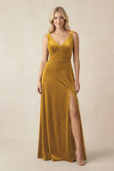V - Neck A - Line Velvet Bridesmaid Dress in Marigold - KissProm Bridesmaid Dresses