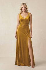 V - Neck A - Line Velvet Bridesmaid Dress in Marigold - KissProm Bridesmaid Dresses