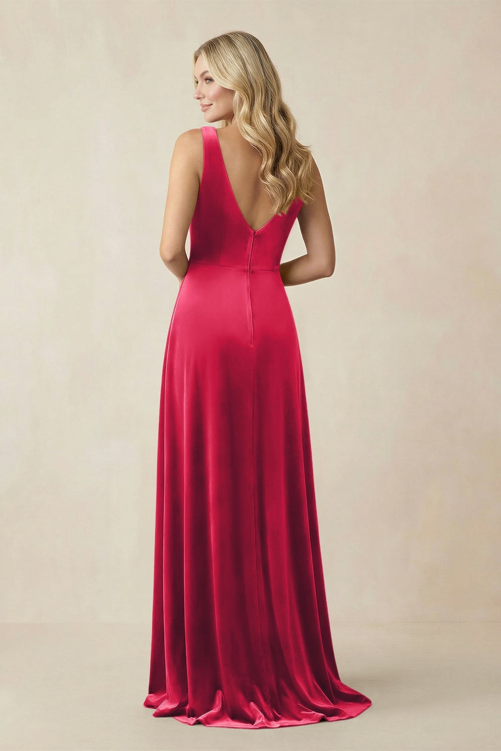 V - Neck A - Line Velvet Bridesmaid Dress in Merlot - KissProm Bridesmaid Dresses