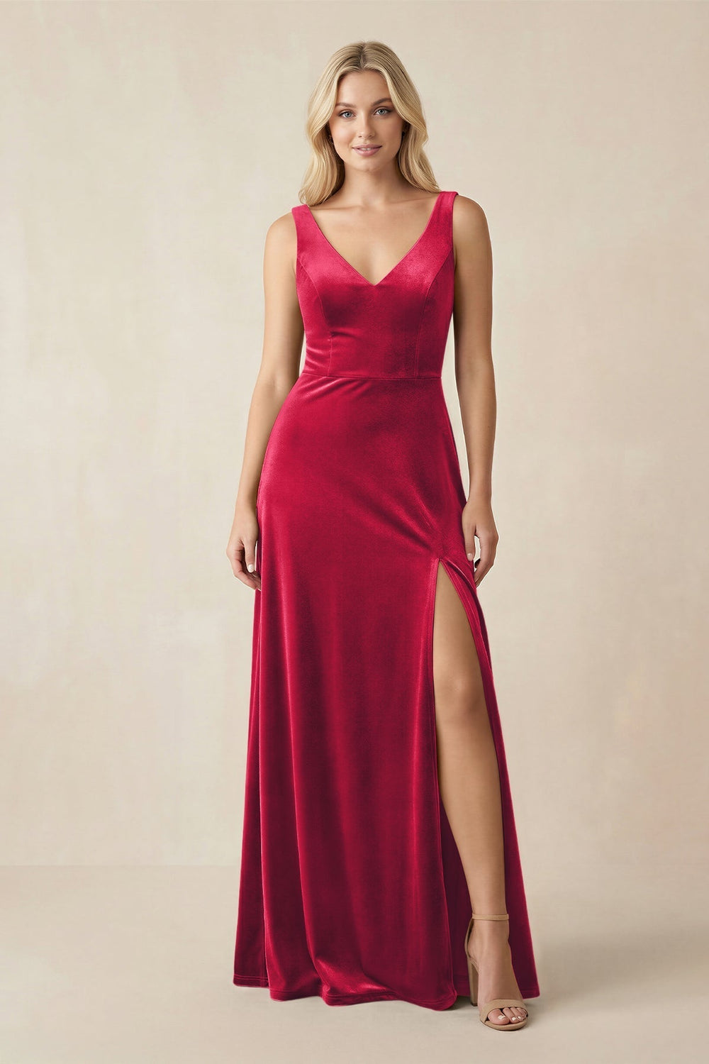 V - Neck A - Line Velvet Bridesmaid Dress in Merlot - KissProm Bridesmaid Dresses