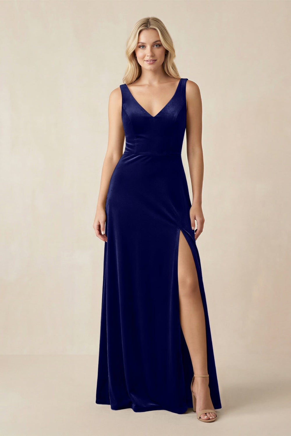 V - Neck A - Line Velvet Bridesmaid Dress in Navy - KissProm Bridesmaid Dresses