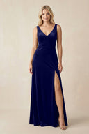 V - Neck A - Line Velvet Bridesmaid Dress in Navy - KissProm Bridesmaid Dresses