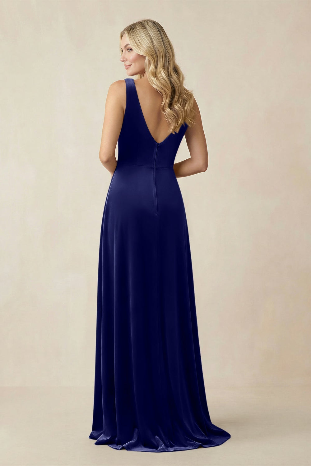 V - Neck A - Line Velvet Bridesmaid Dress in Navy - KissProm Bridesmaid Dresses