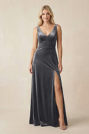 V - Neck A - Line Velvet Bridesmaid Dress in Neptune - KissProm Bridesmaid Dresses