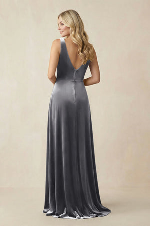 V - Neck A - Line Velvet Bridesmaid Dress in Neptune - KissProm Bridesmaid Dresses