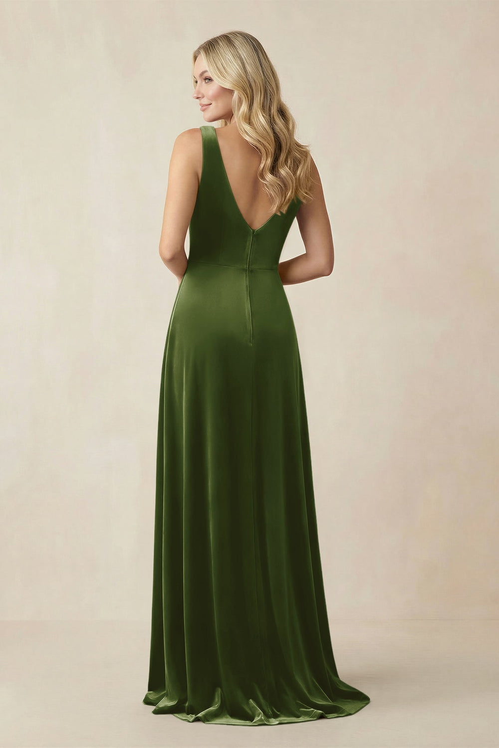 V - Neck A - Line Velvet Bridesmaid Dress in Olive - KissProm Bridesmaid Dresses
