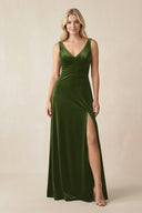 V - Neck A - Line Velvet Bridesmaid Dress in Olive - KissProm Bridesmaid Dresses