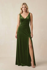 V - Neck A - Line Velvet Bridesmaid Dress in Olive - KissProm Bridesmaid Dresses