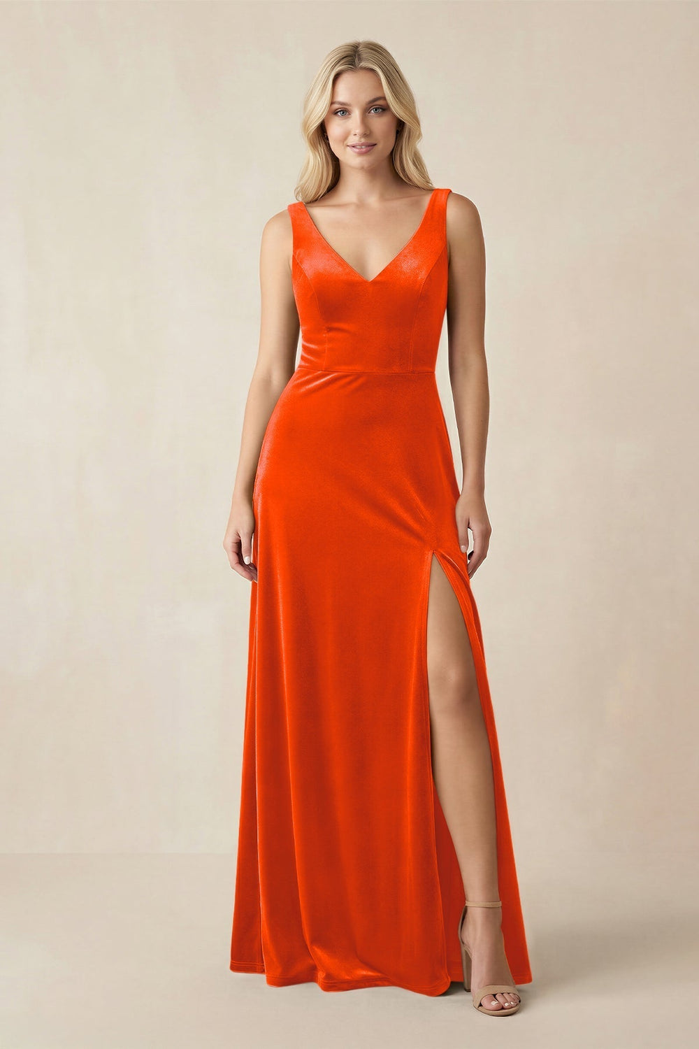 V - Neck A - Line Velvet Bridesmaid Dress in Orange - KissProm Bridesmaid Dresses