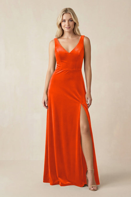 V - Neck A - Line Velvet Bridesmaid Dress in Orange - KissProm Bridesmaid Dresses