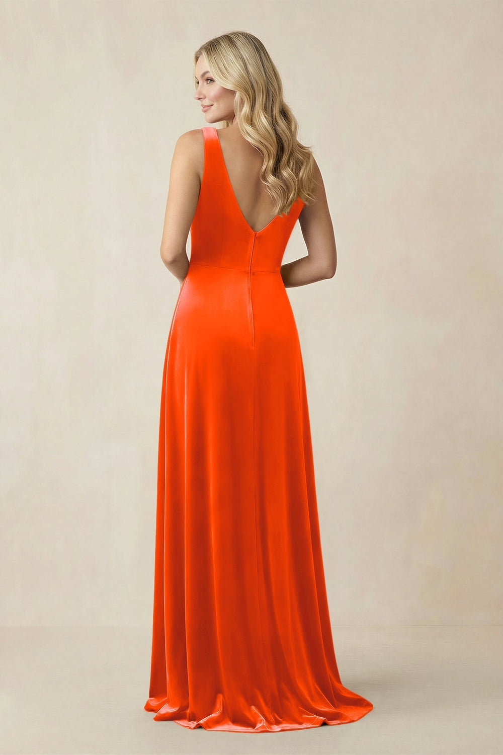 V - Neck A - Line Velvet Bridesmaid Dress in Orange - KissProm Bridesmaid Dresses