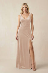 V - Neck A - Line Velvet Bridesmaid Dress in Pale Blush - KissProm Bridesmaid Dresses