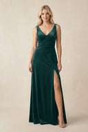 V - Neck A - Line Velvet Bridesmaid Dress in Pine - KissProm Bridesmaid Dresses