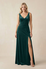 V - Neck A - Line Velvet Bridesmaid Dress in Pine - KissProm Bridesmaid Dresses
