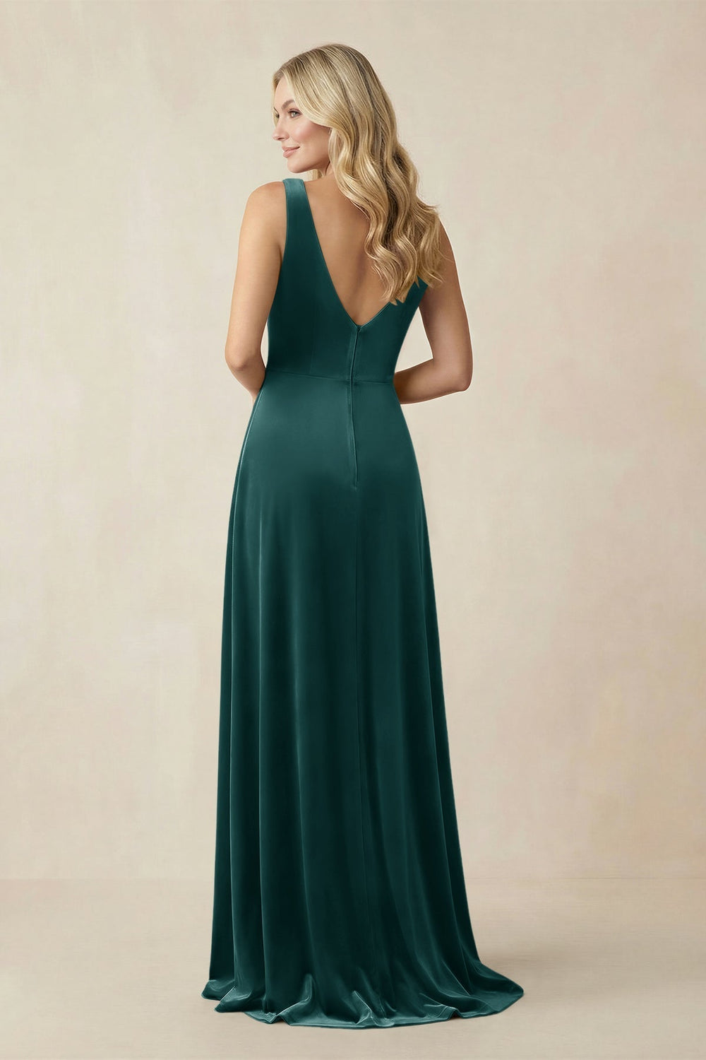 V - Neck A - Line Velvet Bridesmaid Dress in Pine - KissProm Bridesmaid Dresses