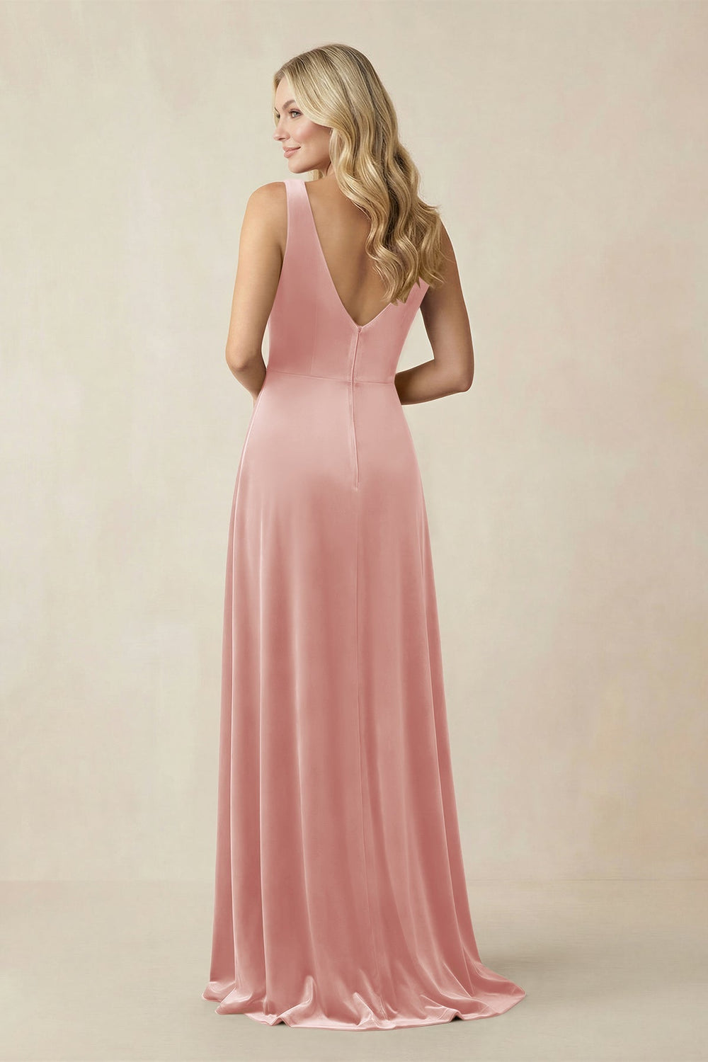 V - Neck A - Line Velvet Bridesmaid Dress in Rose Petal - KissProm Bridesmaid Dresses