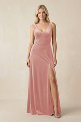 V - Neck A - Line Velvet Bridesmaid Dress in Rose Petal - KissProm Bridesmaid Dresses