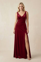 V - Neck A - Line Velvet Bridesmaid Dress in Rosewood - KissProm Bridesmaid Dresses