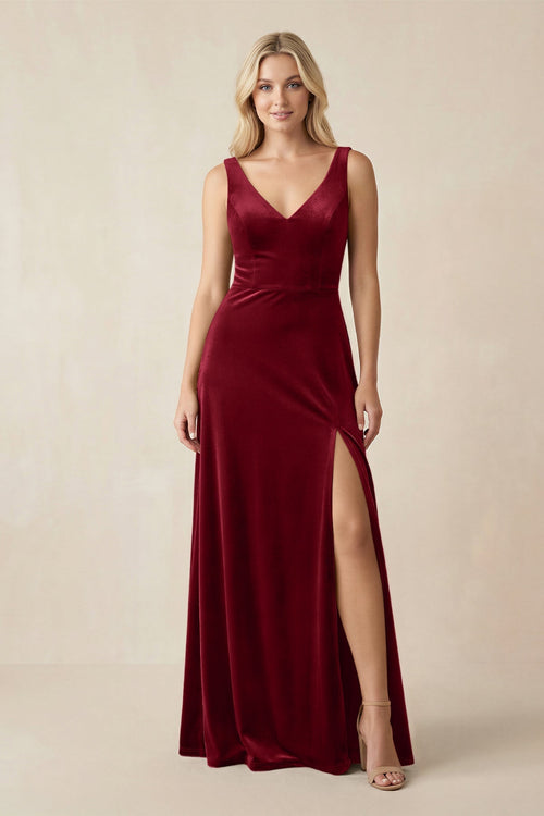 V - Neck A - Line Velvet Bridesmaid Dress in Rosewood - KissProm Bridesmaid Dresses