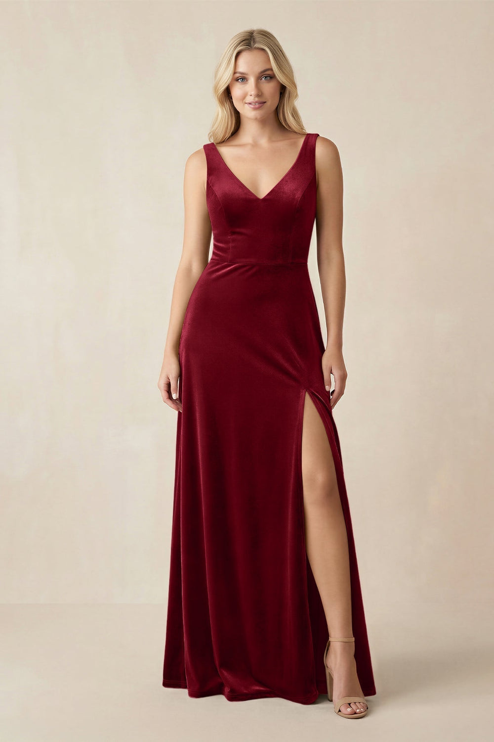 V - Neck A - Line Velvet Bridesmaid Dress in Rosewood - KissProm Bridesmaid Dresses
