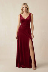 V - Neck A - Line Velvet Bridesmaid Dress in Rosewood - KissProm Bridesmaid Dresses