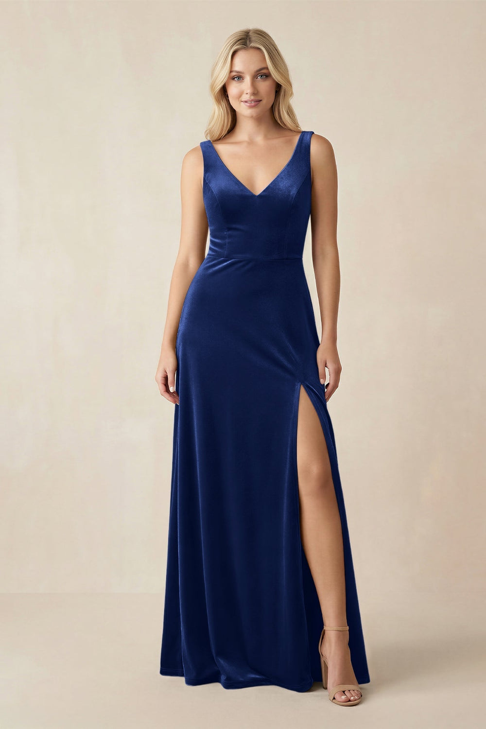 V - Neck A - Line Velvet Bridesmaid Dress in Royal Blue - KissProm Bridesmaid Dresses
