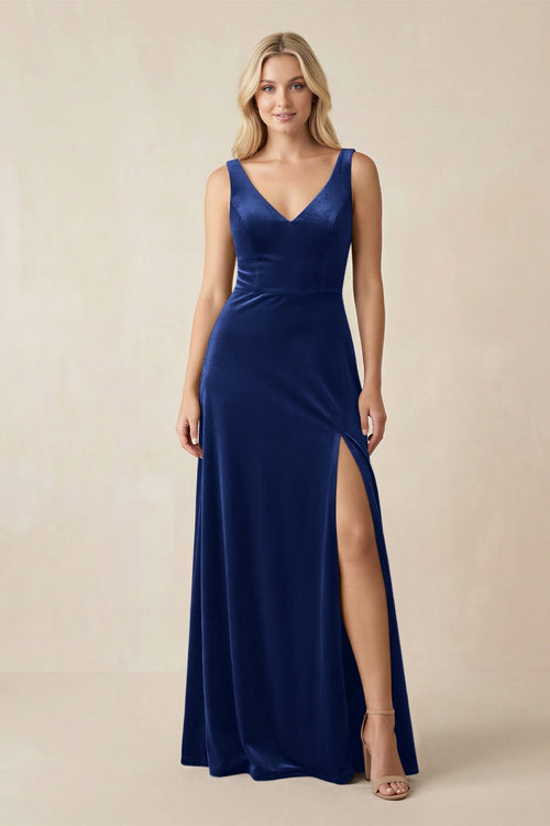 V - Neck A - Line Velvet Bridesmaid Dress in Royal Blue - KissProm Bridesmaid Dresses