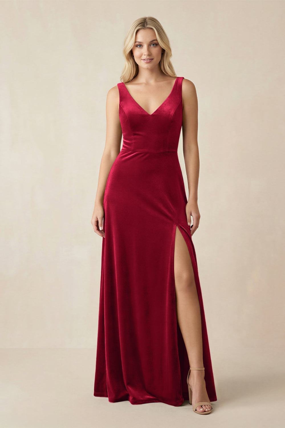 V - Neck A - Line Velvet Bridesmaid Dress in Ruby Red - KissProm Bridesmaid Dresses