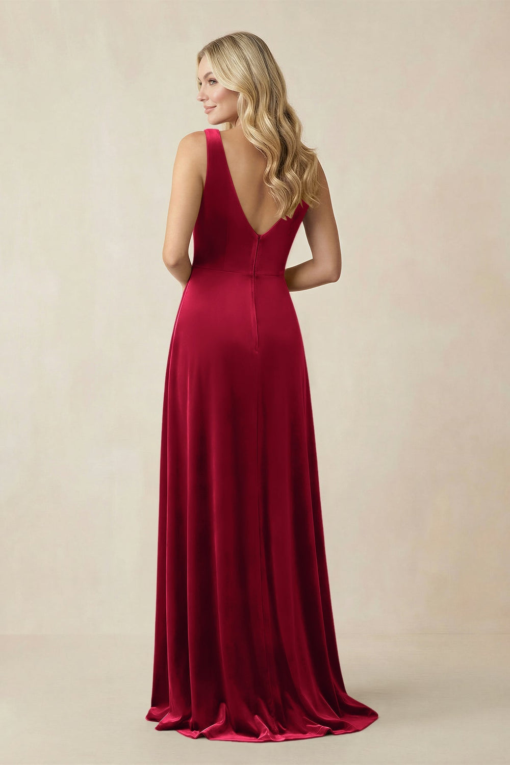 V - Neck A - Line Velvet Bridesmaid Dress in Ruby Red - KissProm Bridesmaid Dresses