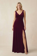 V - Neck A - Line Velvet Bridesmaid Dress in Sangria - KissProm Bridesmaid Dresses