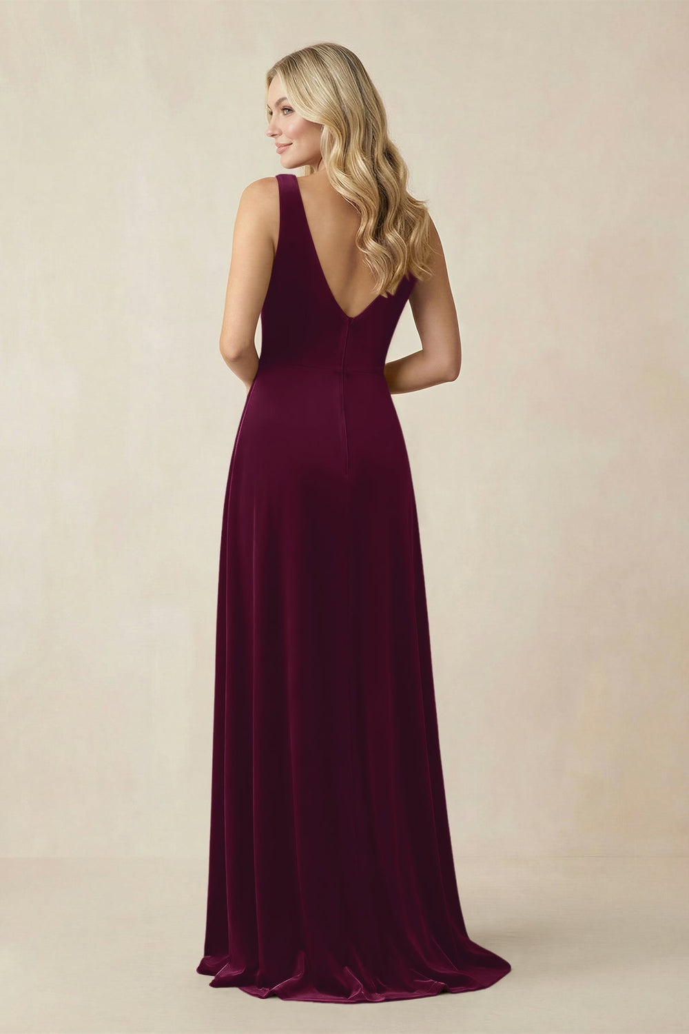 V - Neck A - Line Velvet Bridesmaid Dress in Sangria - KissProm Bridesmaid Dresses
