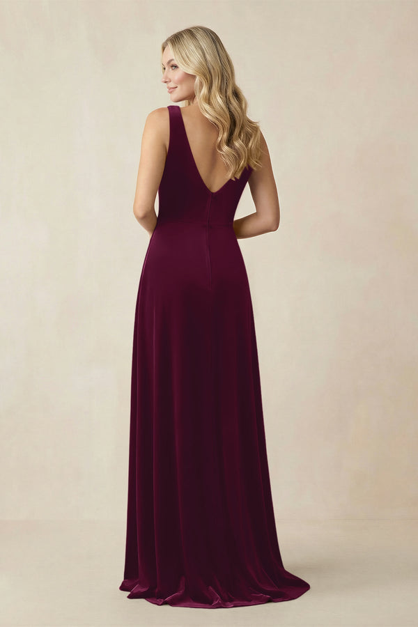 V - Neck A - Line Velvet Bridesmaid Dress in Sangria - KissProm Bridesmaid Dresses
