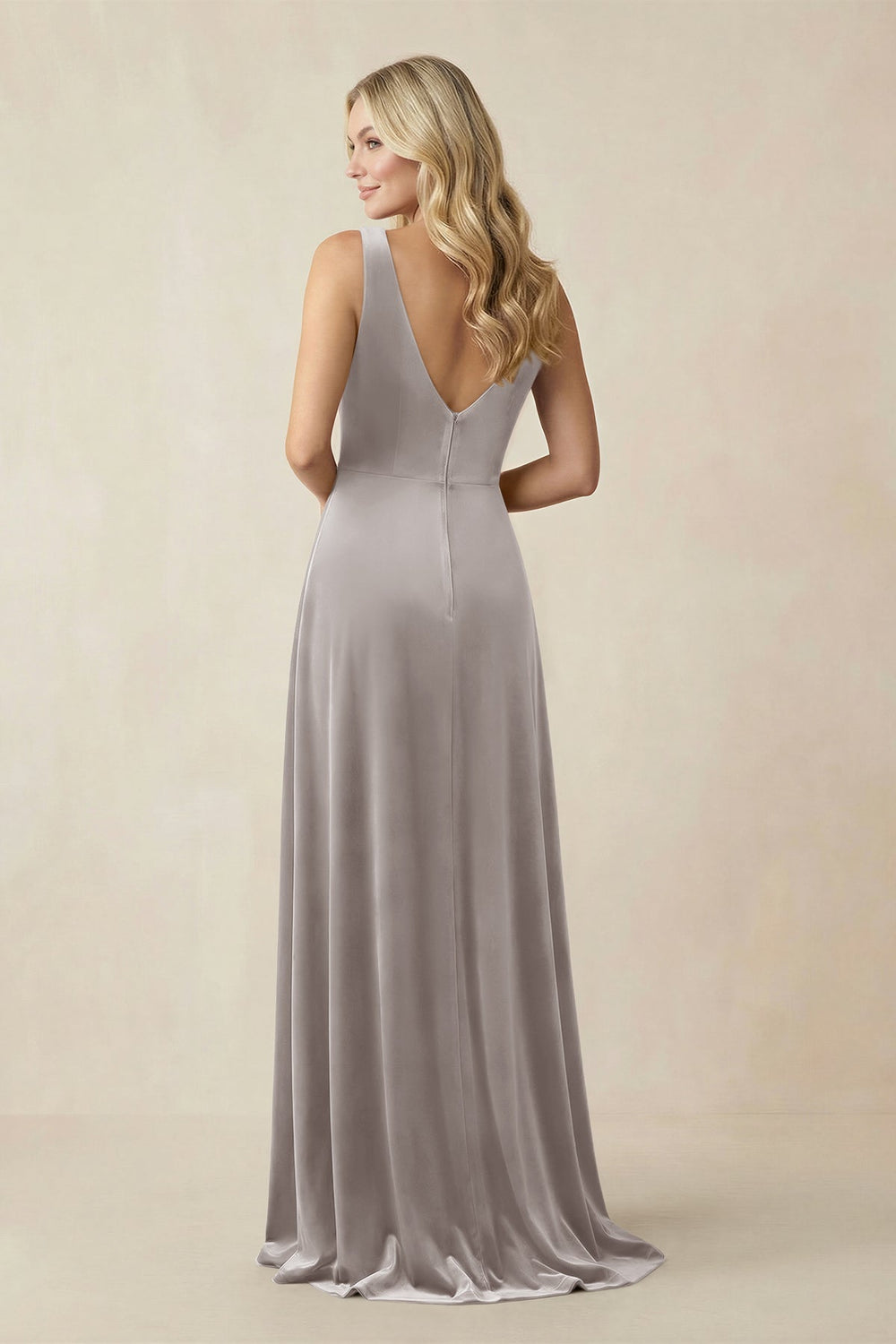 V - Neck A - Line Velvet Bridesmaid Dress in Silver - KissProm Bridesmaid Dresses
