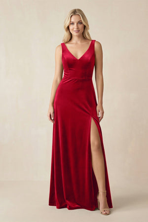 V - Neck A - Line Velvet Bridesmaid Dress in Spice - KissProm Bridesmaid Dresses
