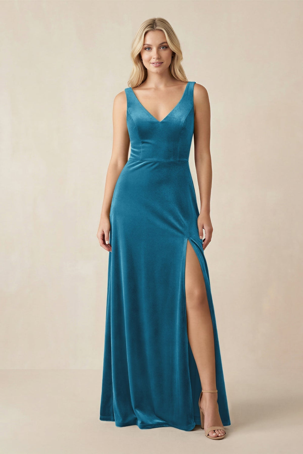 V - Neck A - Line Velvet Bridesmaid Dress in Steel Blue - KissProm Bridesmaid Dresses