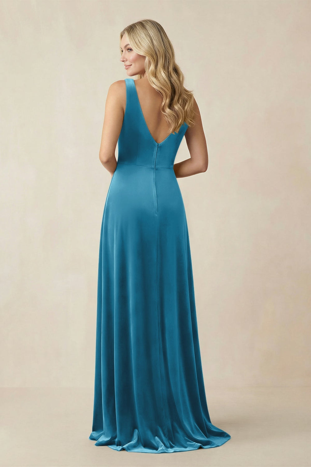V - Neck A - Line Velvet Bridesmaid Dress in Steel Blue - KissProm Bridesmaid Dresses
