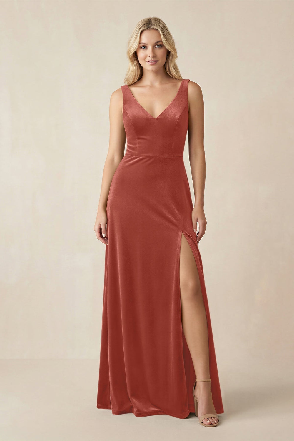 V - Neck A - Line Velvet Bridesmaid Dress in Terracotta - KissProm Bridesmaid Dresses