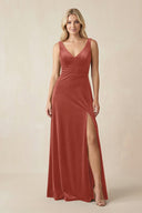V - Neck A - Line Velvet Bridesmaid Dress in Terracotta - KissProm Bridesmaid Dresses