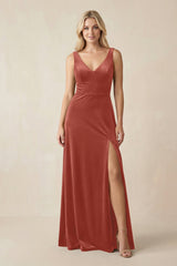 V - Neck A - Line Velvet Bridesmaid Dress in Terracotta - KissProm Bridesmaid Dresses
