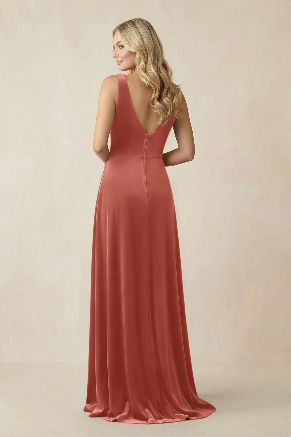 V - Neck A - Line Velvet Bridesmaid Dress in Terracotta - KissProm Bridesmaid Dresses